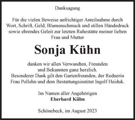 Traueranzeigen Von Sonja K Hn Abschied Nehmen De