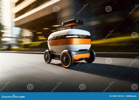 Modern Automated Food Delivery Robot Riding On City Street Autonomous