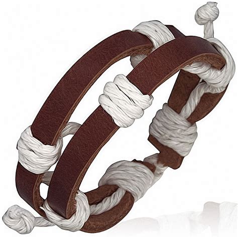 Bracelet Pour Homme Double En Cuir Marron Et Corde Blanche