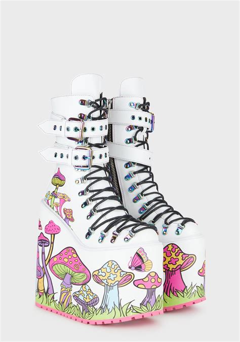 Current Mood Mushroom Print Stacked Platform Boots White Funky