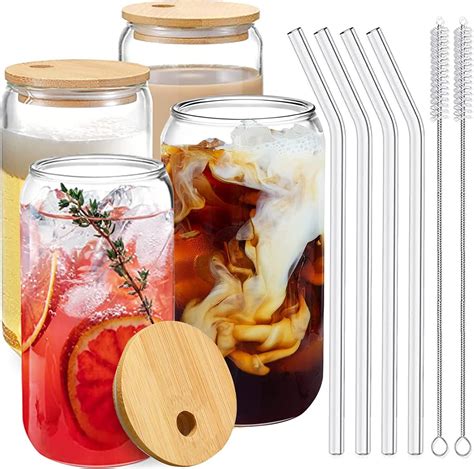 Drinking Glasses With Bamboo Lids And Glass Straw 4pcs Set 16oz Can