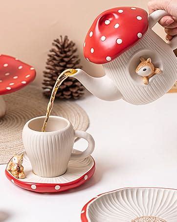 Resvuga Cute Mushroom Mug With Cute Squirrel Saucer Handmade Glaze