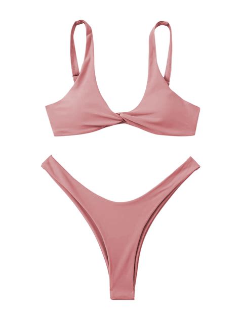 Verdusa Women S Twist Front High Cut Thong Two Piece Bikini Set Swimsuit Dusty Pink X Small For