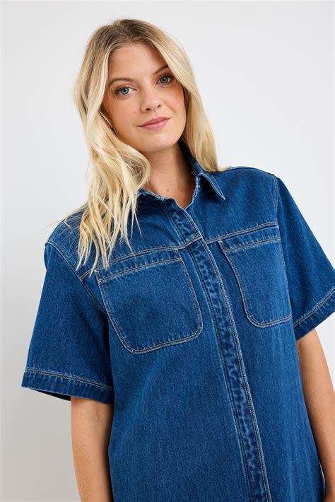 Shortcut Storm Blue Denim Short Sleeve Boxy Mini Shirt Dress – Ça Bouge