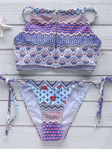 Off Ethnic Print High Neck Bikini Set In Colormix Zaful