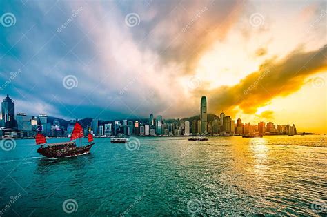 Victoria Harbour Of Hong Kong At Sunset Stock Photo Image Of District