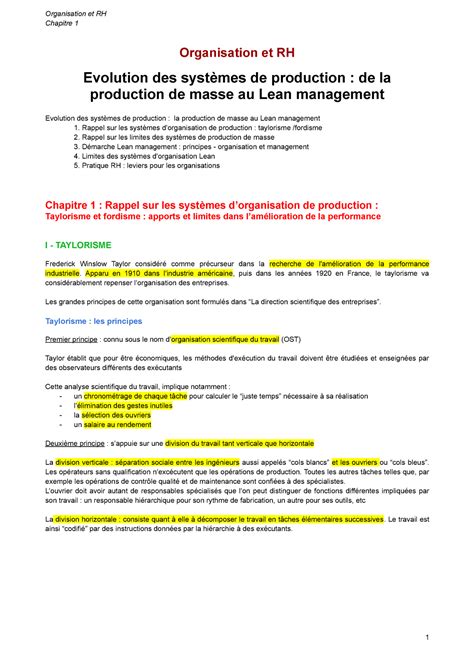 Chapitre 1 Et 2 Organisation Et RH Chapitre 1 Organisation Et RH