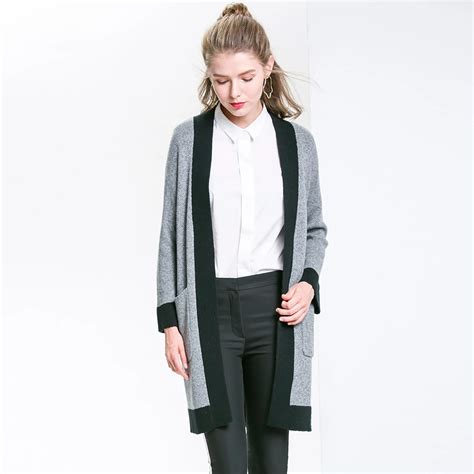 Women Knitted Overcoat Fashion Grey Long Cotton Cardigans Casual Open