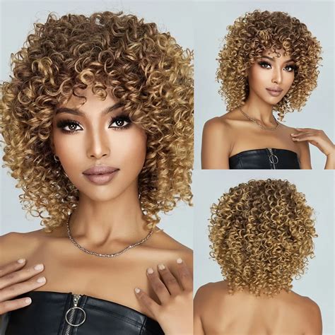 Braun Blondes Lockiges Haar Synthetische Per Cken F R Frauen Kurze Kinky Lockige Haare Afro Per