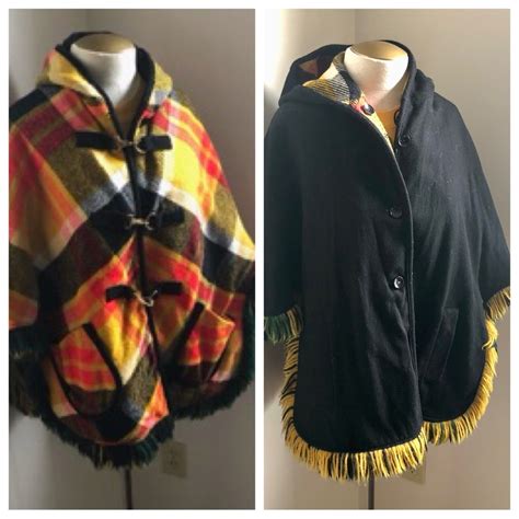 Vintage Reversible Cape Plaid And Black Hooded Cape W Gem