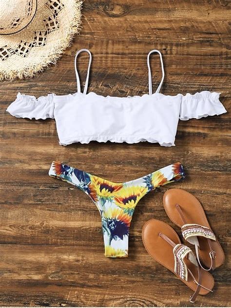 Girasol Fuera Hombro Lechuga Dobladillo Bikini Blanco Beachhappy Swimwear