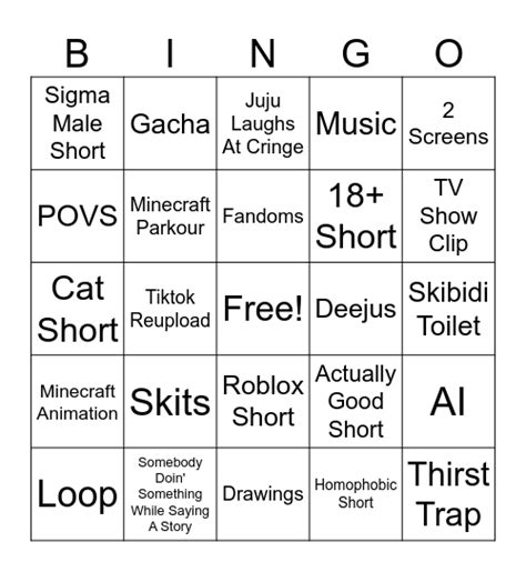 Youtube Shorts Bingo Card