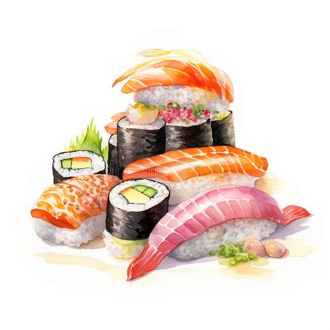 Realistic Watercolor Illustrations Of Sushi And Sashimi Meticulous