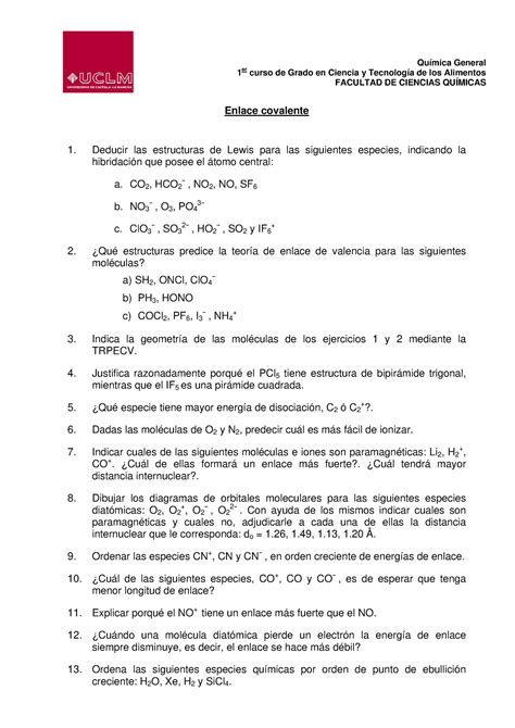 Ejercicios Enlace Covalente Er Curso De Grado En Ciencia Y