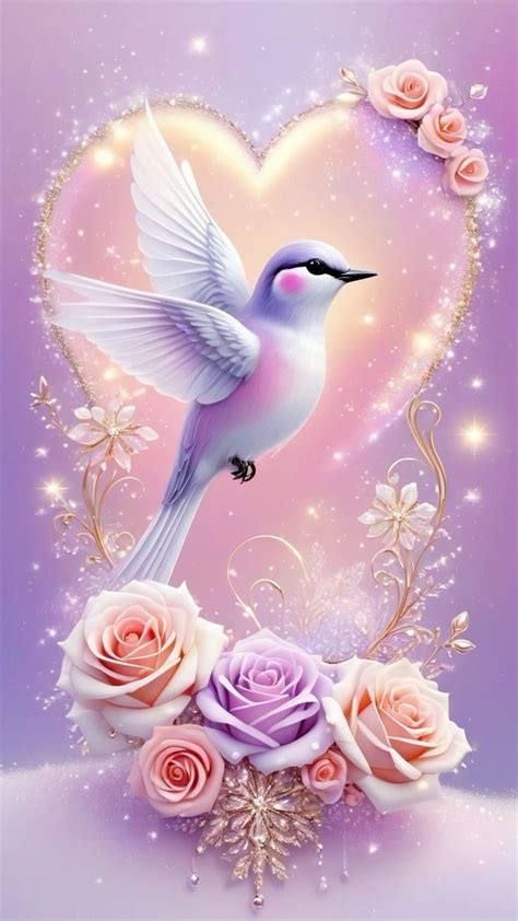 A White Bird Sitting On Top Of Pink Roses In Front Of A Heart Shaped Frame