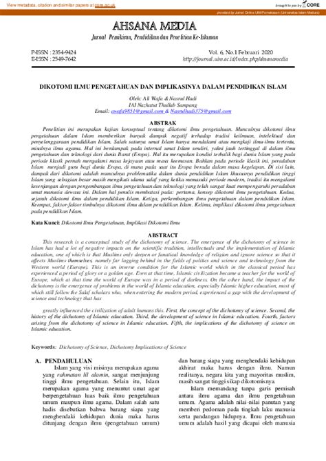 (PDF) Dikotomi Ilmu Pengetahuan Dan Implikasinya Dalam Pendidikan Islam ...