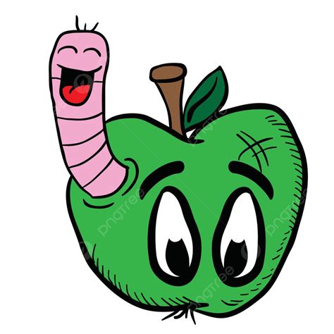 Cartoon Apple With Worm And Eyes Traditional Doodle Illustration Vector