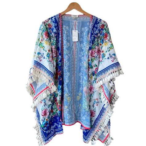 Umgee Floral Fringe Kimono Swim Cover Up Dress Lace Swimsuit Coverup