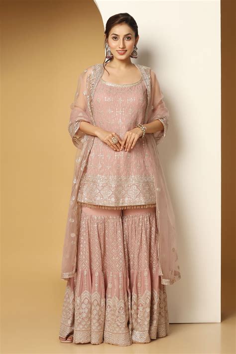 Buy Pink Georgette Embroidery Sequin Deep Persian Fleur Zari Kurta