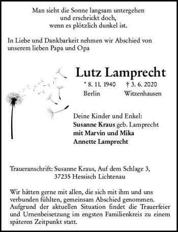 Traueranzeigen Von Lutz Lamprecht Vrm Trauer De