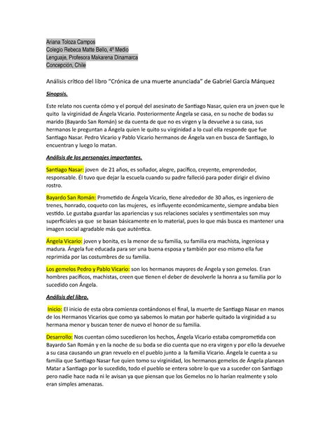 An Lisis Cr Tico Del Libro Cronica De Una Muerte Anunciada Ariana