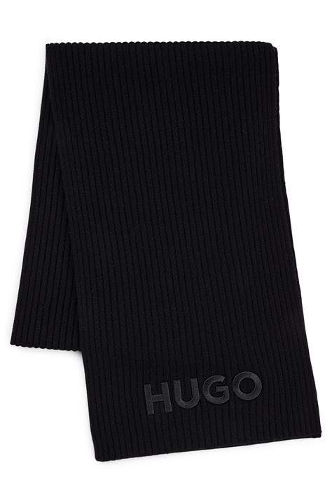 Hugo Ribbed Scarf In Virgin Wool With Embroidered Logo