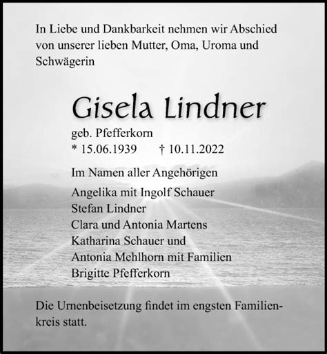 Traueranzeigen Von Gisela Lindner Trauer Anzeigen De