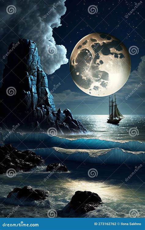 Night Sea Against the Background of the Full Moon and a Sailing Ship ...