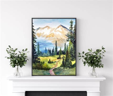 Pine Forest Painting Mountains Art Print Watercolor Landscape - Etsy