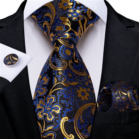 Elegant Black Blue And Gold Floral Silk Tie Pocket Square And Cuffl Sophisticated Gentlemen