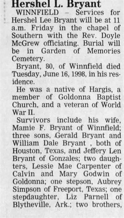 Obituary For Hershel Lee Bryant Aged 80