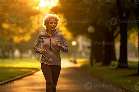 Ai Generated Sporty Mature Woman Jogging In The Park At Sunrise