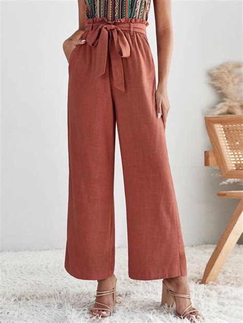 Shein Lune Paperbag Waist Belted Wide Leg Pants Shein Usa