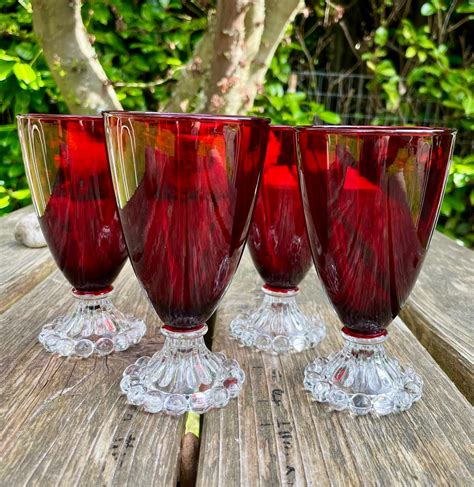 Set Of 4 Anchor Hocking Ruby Red Footed Goblets Berwick Boopie Bubble Foot Etsy