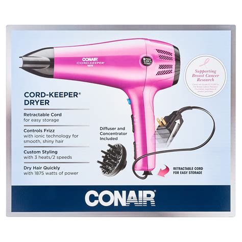 Conair 1875 Watt Cord Keeper Hair Dryer With Ionic Conditioning Pink