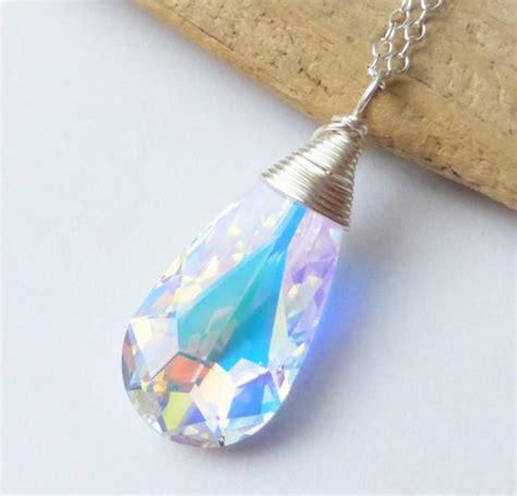 Swarovski Crystal Necklace Aurora Borealis Prism Wire Wrapped Pendant