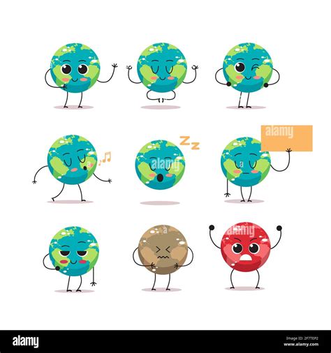 Set Cute Earth Characters With Different Emotions Cartoon Mascot Globe