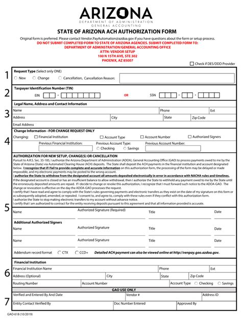 Fillable Online Gao Az State Of Arizona Ach Authorization Form Fax