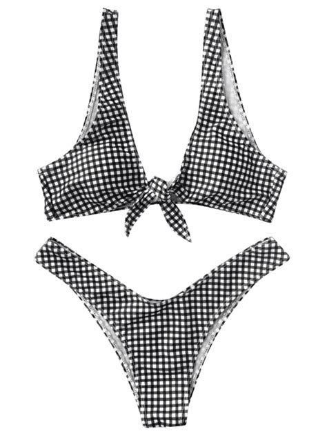 Front Tie Thong Plaid Bikini Set White And Black M Padded Swimwear