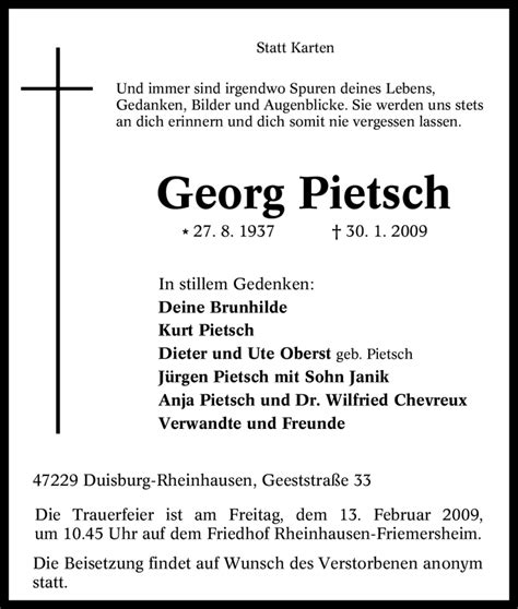 Traueranzeigen Von Georg Pietsch Trauer In Nrw De