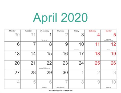 April 2020 Calendar Printable With Holidays Whatisthedatetodaycom