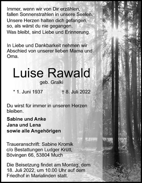 Traueranzeigen Von Luise Rawald Wirtrauern