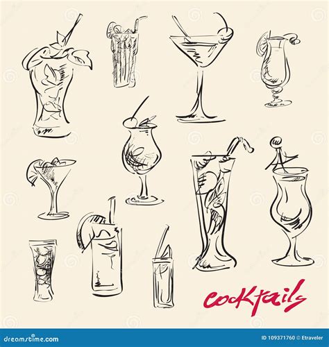 Cocktails Sketch Hand Drawn Cocktails Stock Illustration