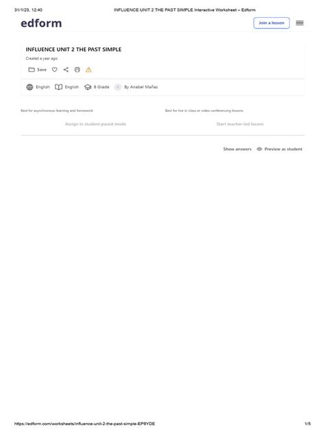 Influence Unit 2 The Past Simple Interactive Worksheet Edform Pdf