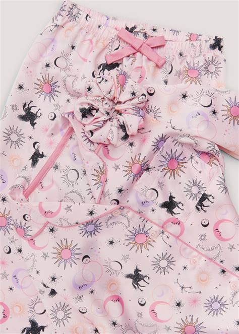 Girls Pink Celestial Print Satin Button Up Pyjama And Scrunchie Set 4