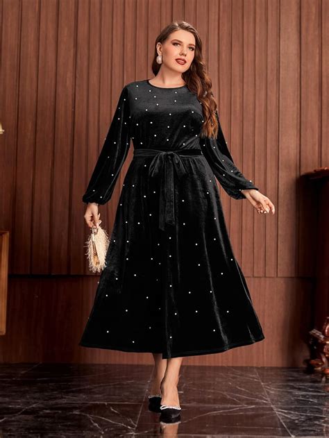 Amazon Rlokk Dresses Plus Pearls Beaded Lantern Sleeve Belted