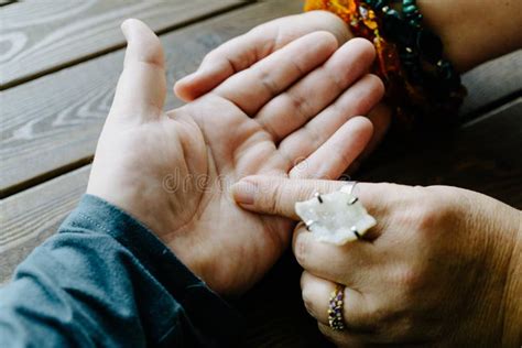 Top View Of Human Hand And Psychic Or Fortune Teller Explains Lines On