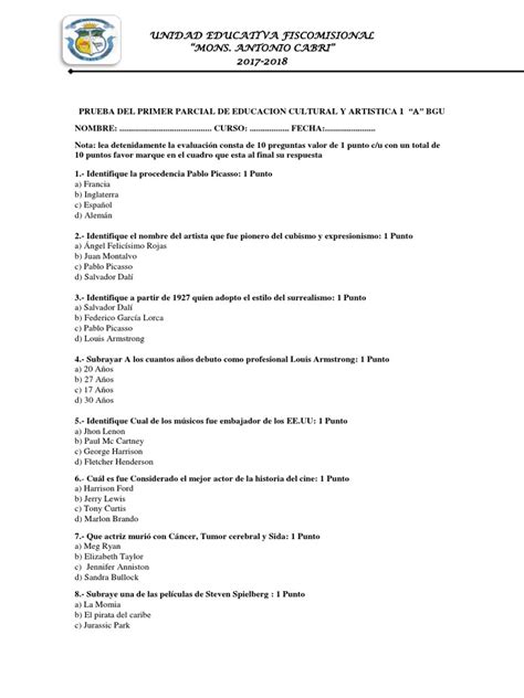 Prueba Primer Parcial 1ro A Eca Pdf Surrealismo Pinturas