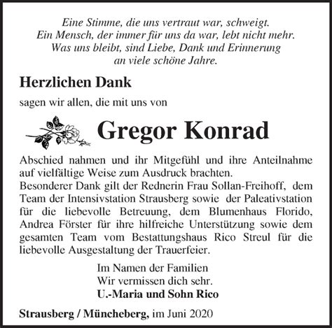 Traueranzeigen von Gregor Konrad Märkische Onlinezeitung Trauerportal