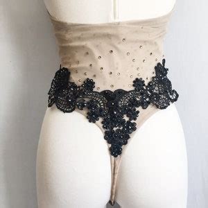 Illusion Nude Aerial Burlesque Leotard Couture Black Lace Applique